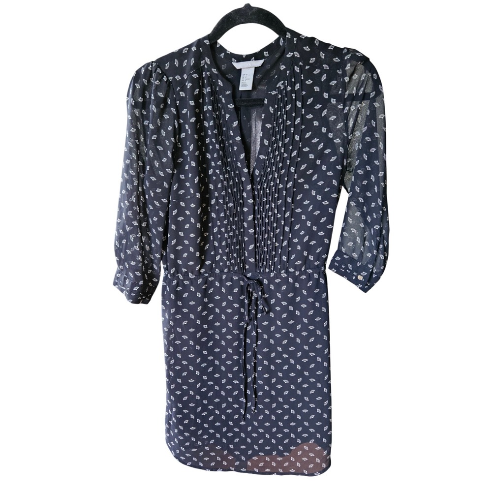 HM Black Fan Print Mini Dress Pintuck Pleat Drawstring Waist Size 6 3/4 Sleeve
